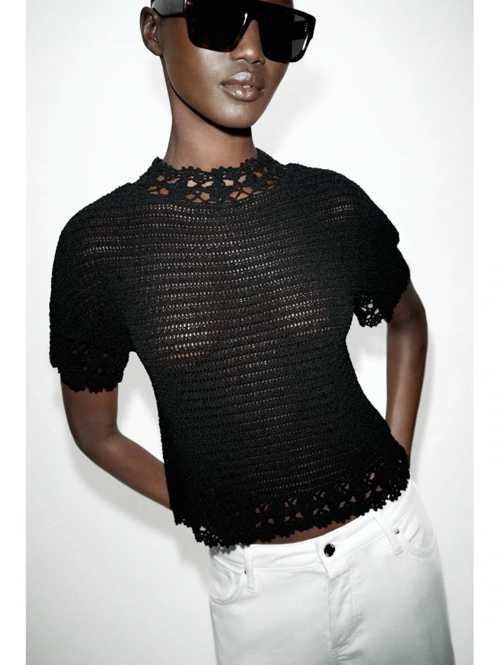 Zara Black Crochet Short Sleeve Knit Top